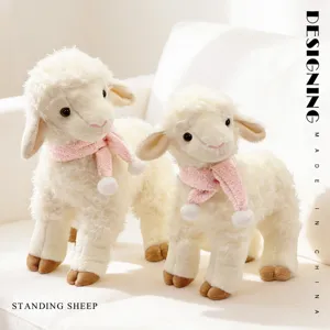Cute simulation sheep plush toy cute stuffed lamb doll with pink scarf standing main image view