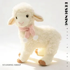 Cute standing plush sheep toy with pink scarf for kids companion and comforting doll.