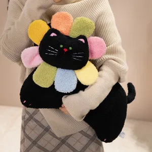 Zwarte kat pluche kussen zonnebloem knuffel zacht speelgoed voor meisjes slaapkamer cadeau