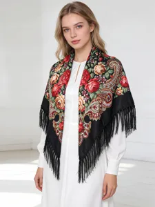 Chale a franges a fleurs noir style ethnique pour femmes, foulard imprime retro.