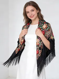Femme rétro imprimé floral franges châle style ethnique élégante mode écharpe hiver
