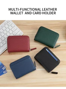 Multi-functional leather wallet and card holder with zipper, compact coin purse for daily.