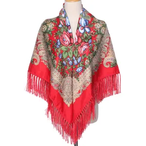 Russian retro floral print square scarf with fringe, elegant ethnic shawl for women.