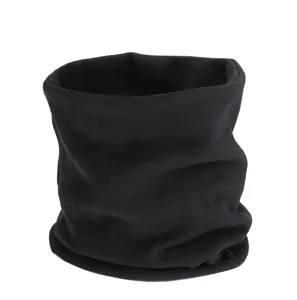Black fleece neck warmer detail, thick thermal snood closeup for winter outdoor sports.