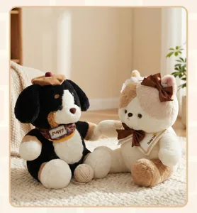 Cute sitting plush puppy and cat dolls detail scene, soft toy companion for kids birthday gift.