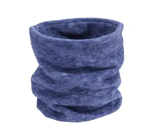 Close-up detail of the soft blue fleece neck warmer, showing the cozy textured fabric.
