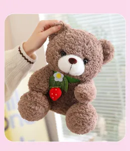 Cute brown plush teddy bear stuffed doll with strawberry pendant soft toy for kids sleeping gift