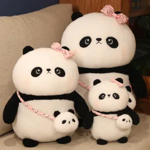 Conjunto de peluche panda tierno con lazo rosa y bolsa, muñeca de peluche suave regalo