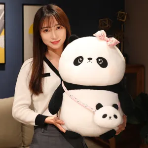 Adorable peluche gigante de panda con bolso pequeño y lazo rosa, muñeca suave.