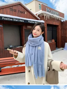 Fluffy faux rabbit fur winter scarf for women, thickened warm solid color tassel neckerchief.