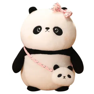 Adorable peluche de panda gigante con lazo y bolso, muñeca suave de madre e hijo.