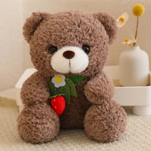Cute Cartoon Bear Plush Toy Stuffed Animal Soft Doll with Strawberry Decor Kids Companion Gift