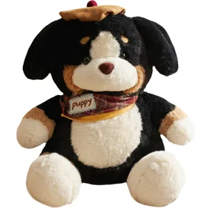 Cute sitting plush dog toy with cute beret and plaid scarf, soft stuffed animal gift for kids.