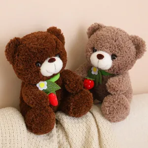 Cute sitting teddy bear plush toy with strawberry decor for kids hugging and companion gift