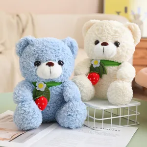 Cute small sitting strawberry plush bear doll, soft stuffed animal toy companion gift for kids.