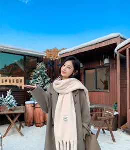 Winter plush scarf detail outdoor snow scene cozy thick warm tassel beige scarf apparel accessory