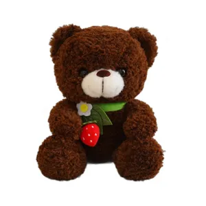 Cute brown plush teddy bear holding strawberry soft toy cuddly doll gift for kids