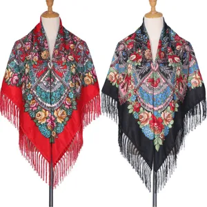 Ethnic Vintage Floral Print Tassel Square Scarf For Women Warm Artificial Cotton Shawl Headscarf Outdoor Accessory