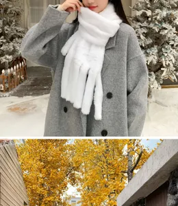 Detailed view of women winter thick warm plush faux fur scarf with cozy outdoor background.