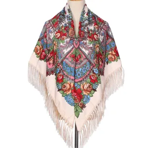 Traditional Russian floral square scarf for women with elegant fringe and vintage shawl design.