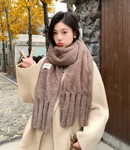 Plush winter scarf for women, thickened warm faux rabbit fur korean style solid color long muffler.