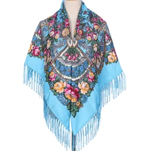 Blue floral fringed shawl detail, traditional Russian style scarf, warm winter wrap.