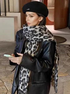 Classic leopard print tassel scarf, thick warm winter shawl, stylish fashion neck wrap.