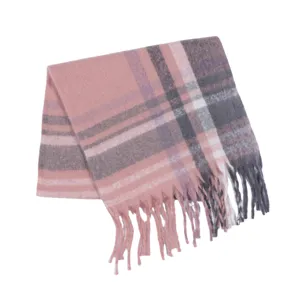 Cozy winter pink plaid scarf with tassels, soft warm oversized shawl for women daily wear.