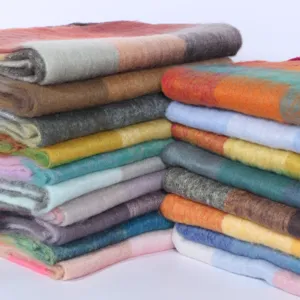 Thickened colorful plaid mohair scarf, soft loop yarn winter warm shawl for women detail view.