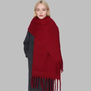 Damen Winter dicker Mohair Schal einfarbig rot langer Schal warm Quaste gemütlich Mode