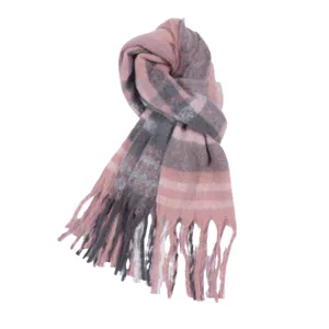 Close-up detail of the cozy winter pink and grey plaid mohair boucle scarf fringe texture.