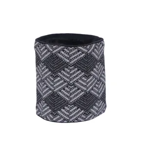 Winter fleece-lined knitted neck warmer for men and women, black and grey geometric pattern.
