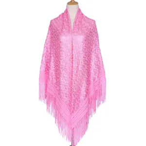 Pink lace shawl for women, hollow design with elegant fringe, stylish ethnic scarf.