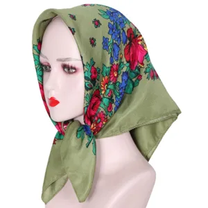 Vintage floral square scarf for women, ethnic retro olive green head wrap for sun protection.