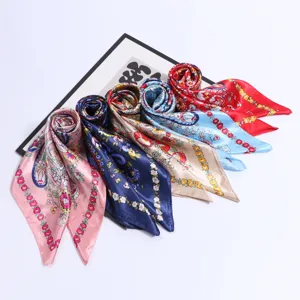 Colorful paisley print simulated silk square scarf for women, elegant 90x90cm neckerchief.