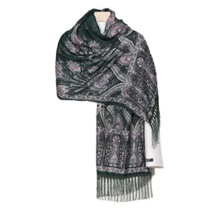 Green paisley printed fringed scarf for women, elegant bohemian winter warm shawl wrap.