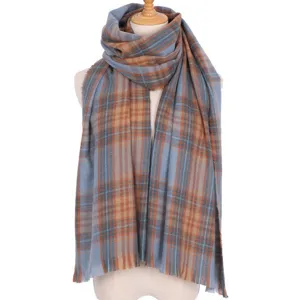 Women winter warm blue brown plaid scarf, soft cozy long neckerchief fashion accessory.