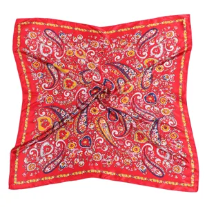 Classic red paisley floral silk-like square scarf for women, elegant 90x90cm large neckerchief.