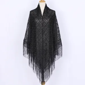 Black lace hollow shawl with fringe, elegant ethnic square scarf for summer sun protection.