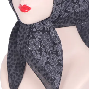 Black rhinestone floral headscarf thin gauze square hijab Muslim religious head cover women.