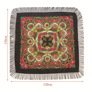 Detailed view of ethnic floral print shawl with fringe, traditional style, 130x130cm.