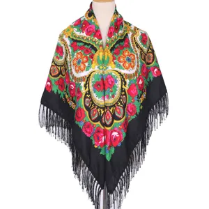 Traditional ethnic floral fringe square scarf Russian style shawl detailed view item