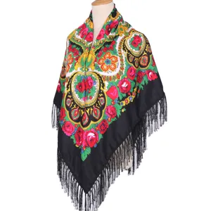 Ethnic floral print tassel shawl women vintage traditional square scarf for travel photo