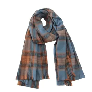 Blue orange plaid scarf detail, soft knit winter warm neck wrap, elegant fashion accessory.