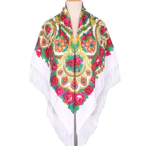 Ethnic floral print women shawl Russian style fringe scarf for summer travel photography