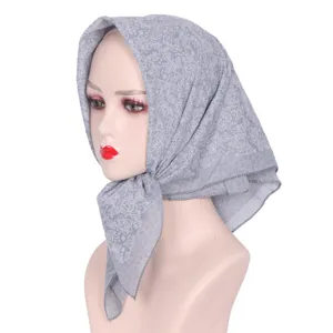 Grey floral rhinestone square headscarf for women hijab breathable lightweight veil scarf