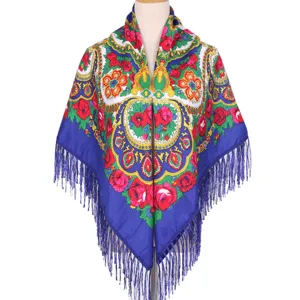 Ethnic floral print scarf fringe shawl women traditional blue square wrap accessory