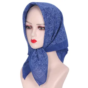 Blue floral square headscarf rhinestone sequin hijab turban lightweight gauze woman wrap