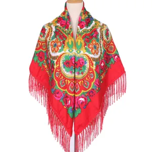 Women Ethnic Style Floral Printed Tassel Square Scarf Polyester Large Shawl Travel Photo Head Scarf