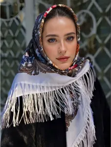 Vintage ethnic print headscarf with fringe for women, stylish floral shawl and square wrap.